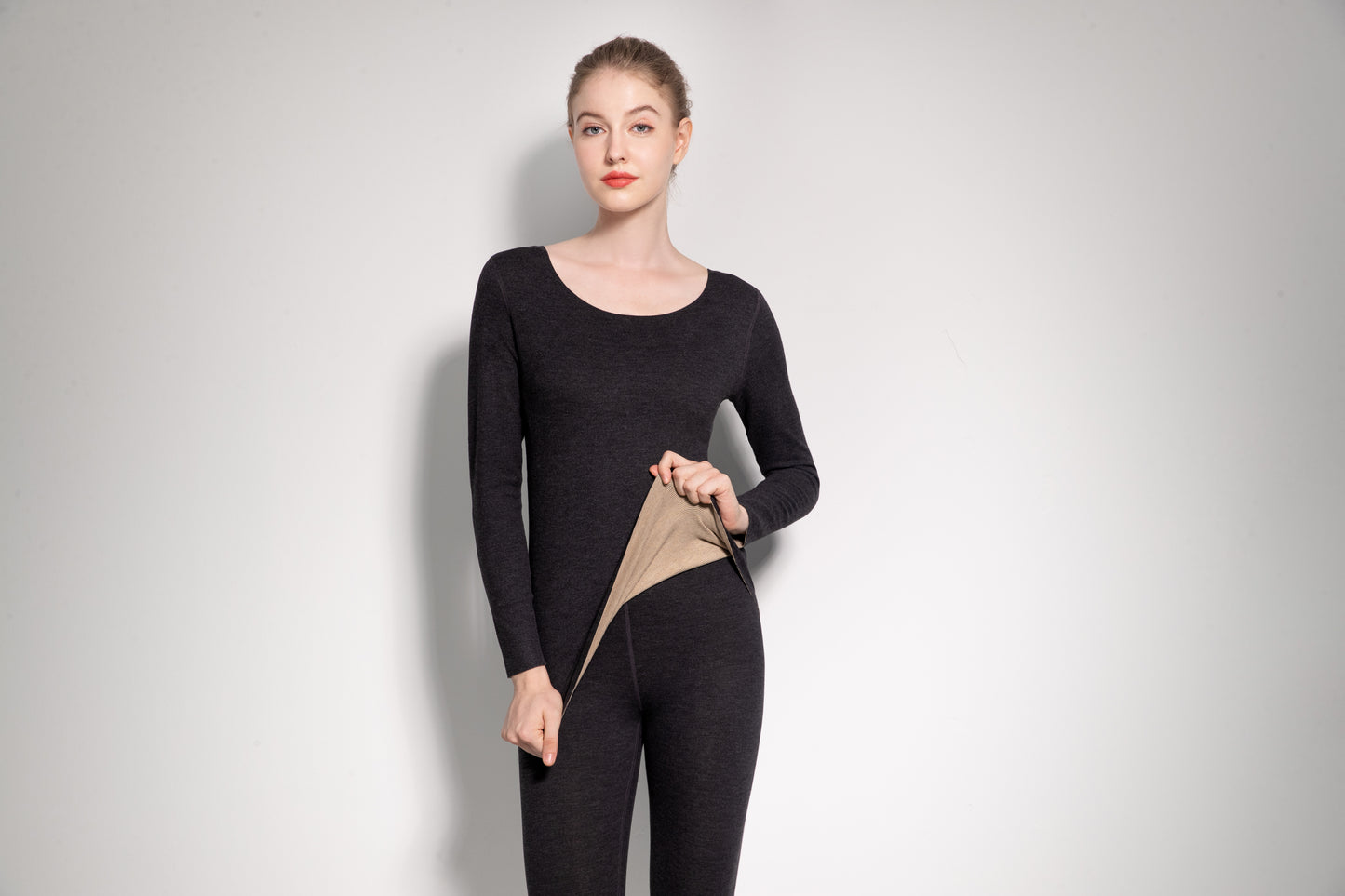 ASNATURE2024 non -trace warm underwear female plus velvet AB double -sided containing 5%goat and grinding hair summer clothing black top female